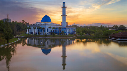 A sunrise scene of local muslim mosque taken via drone during a lockdown from Kuala Lumpur, Malaysia.
