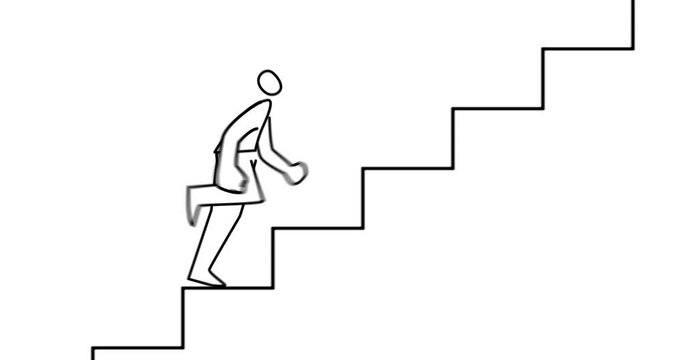 Man running stairway, business carreer, Loop micro animation, cartoon, illustration, clip art of man going upstairs black and white, hand drown, scribble, alpha channel