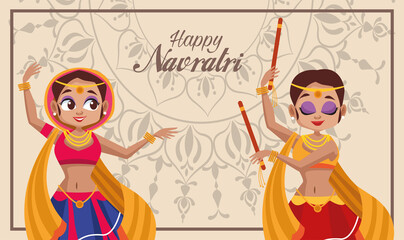 Fototapeta na wymiar happy navratri celebration lettering card with women dancing