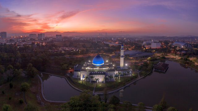 A sunrise scene of local muslim mosque taken via drone during a lockdown from Kuala Lumpur, Malaysia.