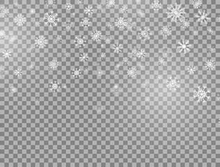 Realistic snowflakes on transparent background. Winter background with falling snow and snowflakes. Christmas design elements. Magic white snowfall texture. Vector illustration