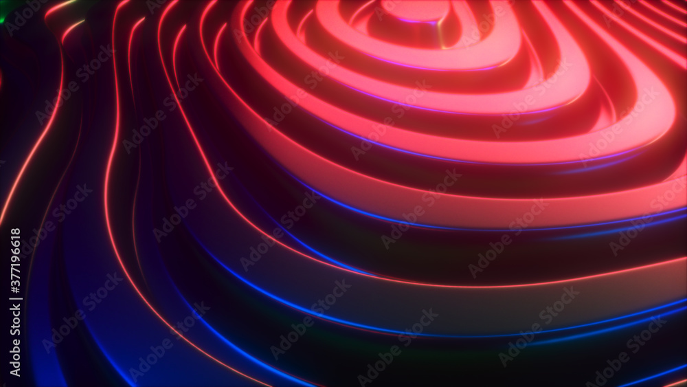 Poster 3d render wavy surface. abstract waving background with neon ripples. iridescent holographic liquid 