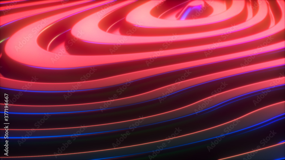 Poster 3d render wavy surface. abstract waving background with neon ripples. iridescent holographic liquid 