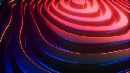 3d render wavy surface. Abstract waving background with neon ripples. Iridescent holographic liquid multicolor pattern, fluid shapes.