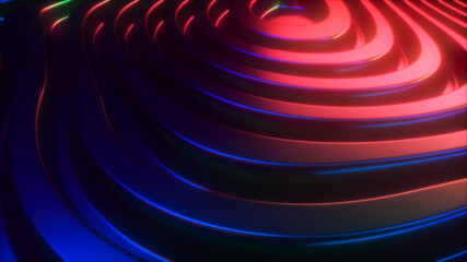 3d render wavy surface. Abstract waving background with neon ripples. Iridescent holographic liquid multicolor pattern, fluid shapes.