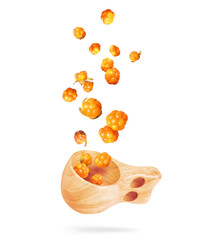 Cloudberries fly out from a wooden cup on a white background