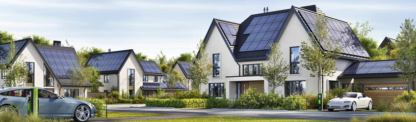 Street of beautiful residential houses with rooftop solar panels and electric cars
