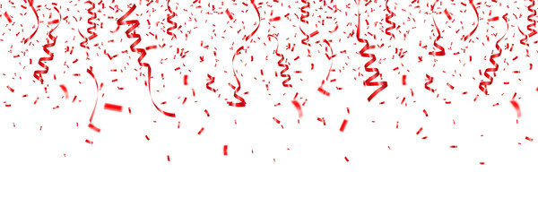 Christmas, Valentines day red confetti with ribbon on white background. Falling shiny glitter. Festive party design elements.