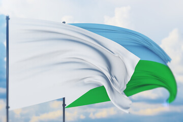 White flag on flagpole waving in the wind and flag of Djibouti. Closeup view, 3D illustration.