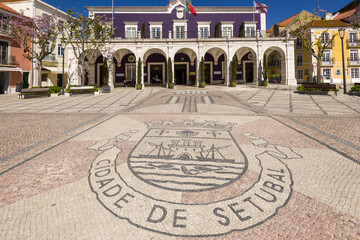Portuguese pavement, named calacada in front of city hall of Setubal, Portugal