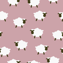 Simple sheep pattern. Dirty pink background, cute white sheep. The print is well suited for textiles,Wallpaper and packaging.
