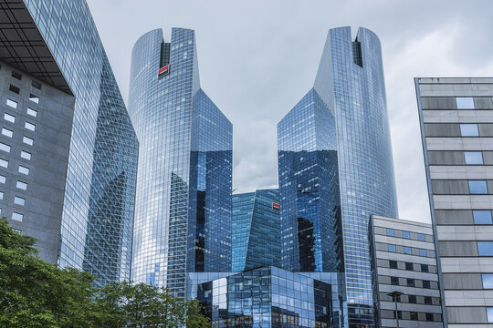 View of Societe Generale headquarter (SG) in La Defense district, Paris. Societe Generale is a French multinational banking and financial services company. PARIS, FRANCE. May 13, 2014.