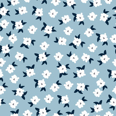 Simple vintage pattern. White flower. Blue background. Elegant print for Wallpaper.