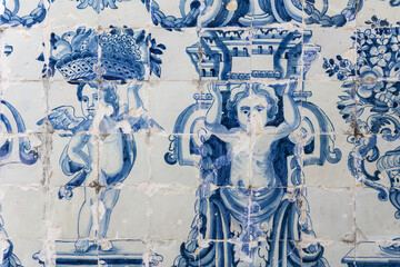 Plakat azulejos panels in the courtyard of the House of the Holy Body, Casa do Corpo Santo in Setubal, Portugal