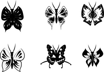 set of six ornate black and white flying butterflies with open wings for use as a design element