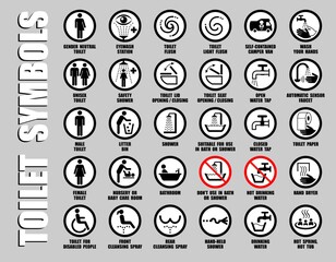 Full ISO set vector icons of public toilet signs. Round symbols of men, women, unisex gender restroom pictograms with WC equipment
