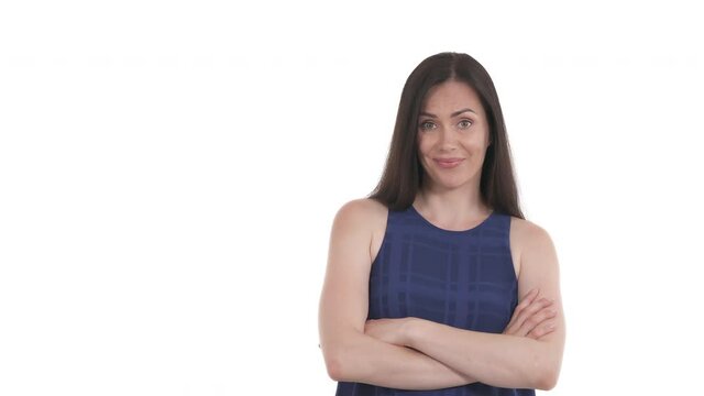 Portrait of Caucasian woman with folded arms expressing contempt or annoyance. Facial expression and humans negative emotions concept. Isolated on white background