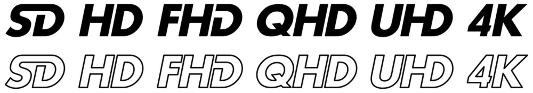 Set of simple display resolution icons - stylised letters with definition abbreviation