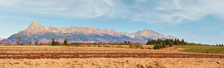 Mount Krivan peak (Slovak symbol) with dry autumn field in foreground, Typical autumnal scenery of Liptov region, Slovakia