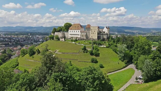 Flying towards Lenzburg castle in canton of Aargau in Lenzburg, Switzerland