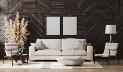 Blank poster frames mock up in modern living room interior with wooden wall panel, wooden chairs and beige sofa, decoration, living room interior design background, 3d rendering