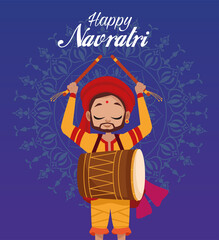 happy navratri celebration lettering with man playing drum