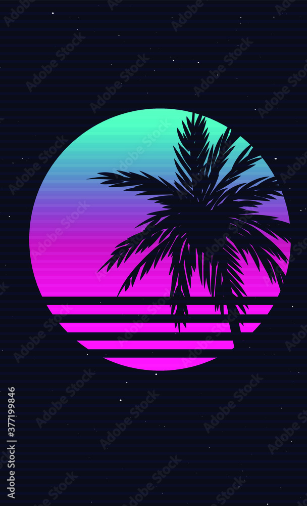 Wall mural new etro wave artwork with palm tree, sunset and stars