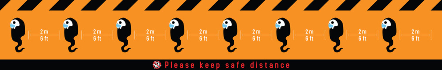 Please keep safe distance sign to help reduce the spread of covid-19 coronavirus concept. Respect physical distancing 6 feet or 2 meters floor sticker for stores and supermarkets on Halloween. Vector