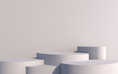 Round 3D podiums at different heights for displaying goods in gray, 3d render