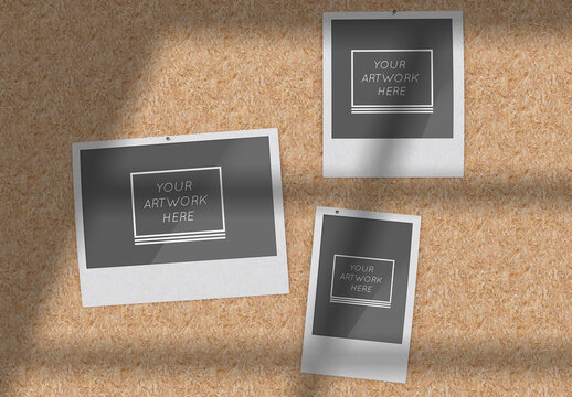 3 Instant Photos Mockup on Plywood Wall