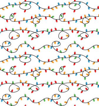 Red And Green Holiday Christmas And New Year Intertwined String Colorful Lights On White Background Vector Seamless Pattern. Winter Holiday Print