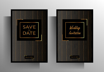 Design wedding invitation template set. The gold striped texture on a black background. Vector 10 eps.