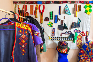 Workshop with colorful traditional textiles in Nukus, Uzbekistan.