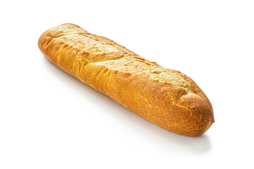 Fresh French baguette with a Golden crust on a white background
