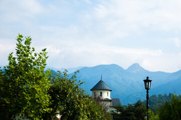 Landscape with the top of the monastery somewhere in the mountains of montenegro, travel to europe