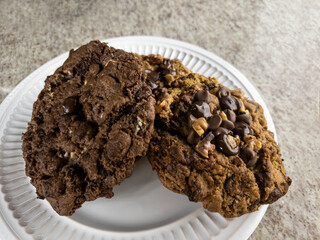 Chocolate cookies inside the white plate. Cookies Shot