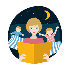 Mother reading fairytale book to her children in the evening. Bedtime. Vector illustration.