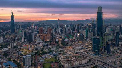Naklejka na ściany i meble A sunset scene taken via drone during a lockdown from Kuala Lumpur, Malaysia.