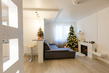 Christmas interior panorama, Christmas tree in the apartment