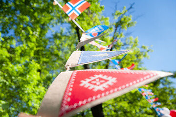 garland of flags on 17 May. - obrazy, fototapety, plakaty