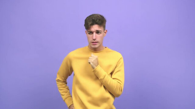 Young caucasian student man biting nails, nervous and very anxious and scared for the future, feels panic and stress