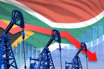 lowering, falling graph on South Africa flag background - industrial illustration of South Africa oil industry or market concept. 3D Illustration