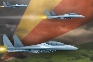 Seychelles air forces strike concept. Air planes attack on Seychelles flag background. 3d Illustration