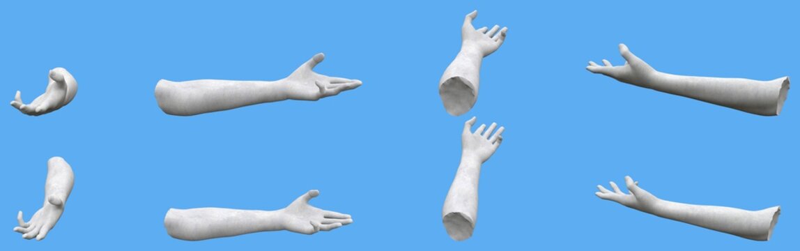 8 white concrete statue hand renders isolated on blue, lights and shadows distribution example for artists or painters - 3d illustration of objects