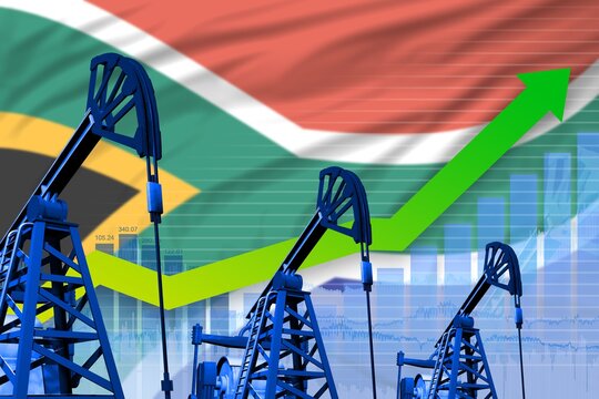 growing graph on South Africa flag background - industrial illustration of South Africa oil industry or market concept. 3D Illustration