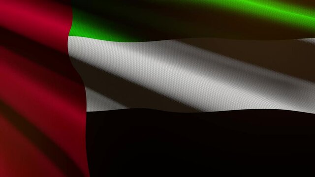 60FPS dark United Arab Emirates flag colored in green, red, black, white with fabric texture waving - background, UHD 4k 3d seamless looping animation