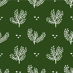 Seamless floral ornament. Hand drawn trees, forest background