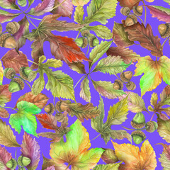 Fototapeta na wymiar Beautiful autumn leaves on blue background. Seamless floral pattern. Watercolor painting. Fabric, wallpaper, bed linen design.
