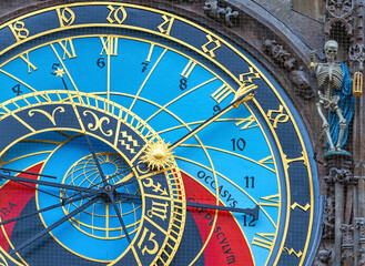 Astronomical or Solar Clock with skeleton sculpture, Prague Old Town, Czech Republic.