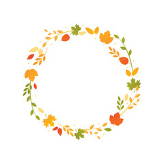 Autumn Leaves Motif, Autumn Fall Circle Emblem, Greeting Cards, Badge, Logo, Branding, Wreath Vector Illustration Background